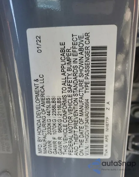 2022 Honda Accord Sport z USA, uszkodzony, nr VIN 1HGCV1F34NA018994